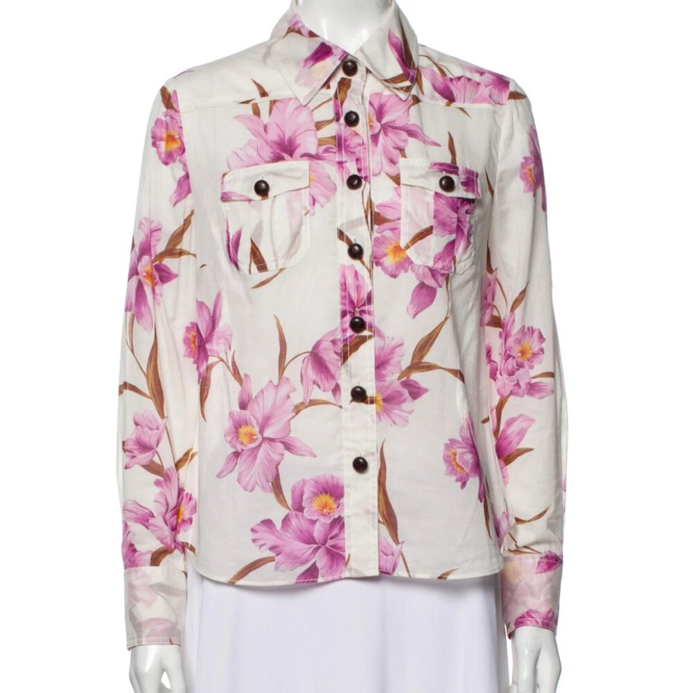 Zimmermann Floral Print Long Sleeve Button-Up Top Size: S
